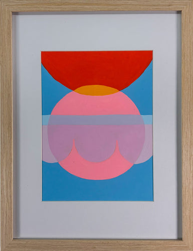 Framed abstract artwork with red, pink, and blue shapes