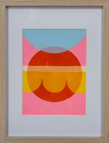 Framed abstract artwork with colorful geometric shapes 